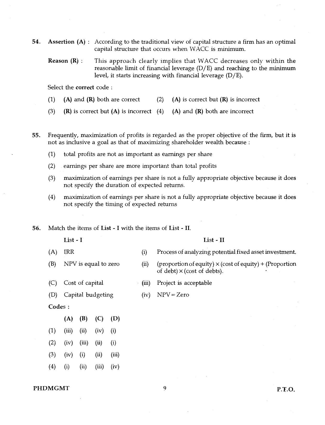 IGNOU PhD Entrance Test Ph.D Management 2016 Question Paper - Page 9
