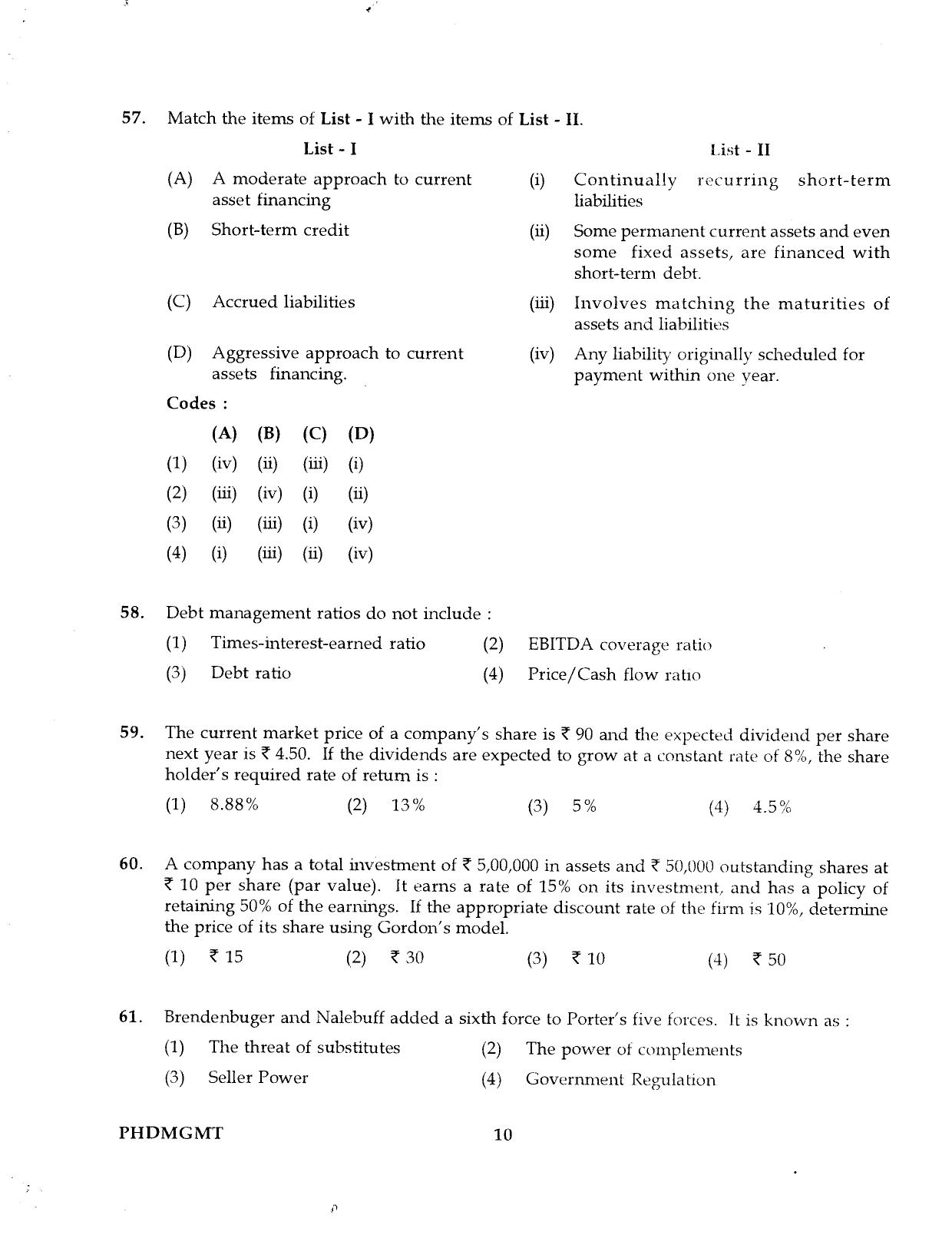 IGNOU PhD Entrance Test Ph.D Management 2016 Question Paper - Page 10