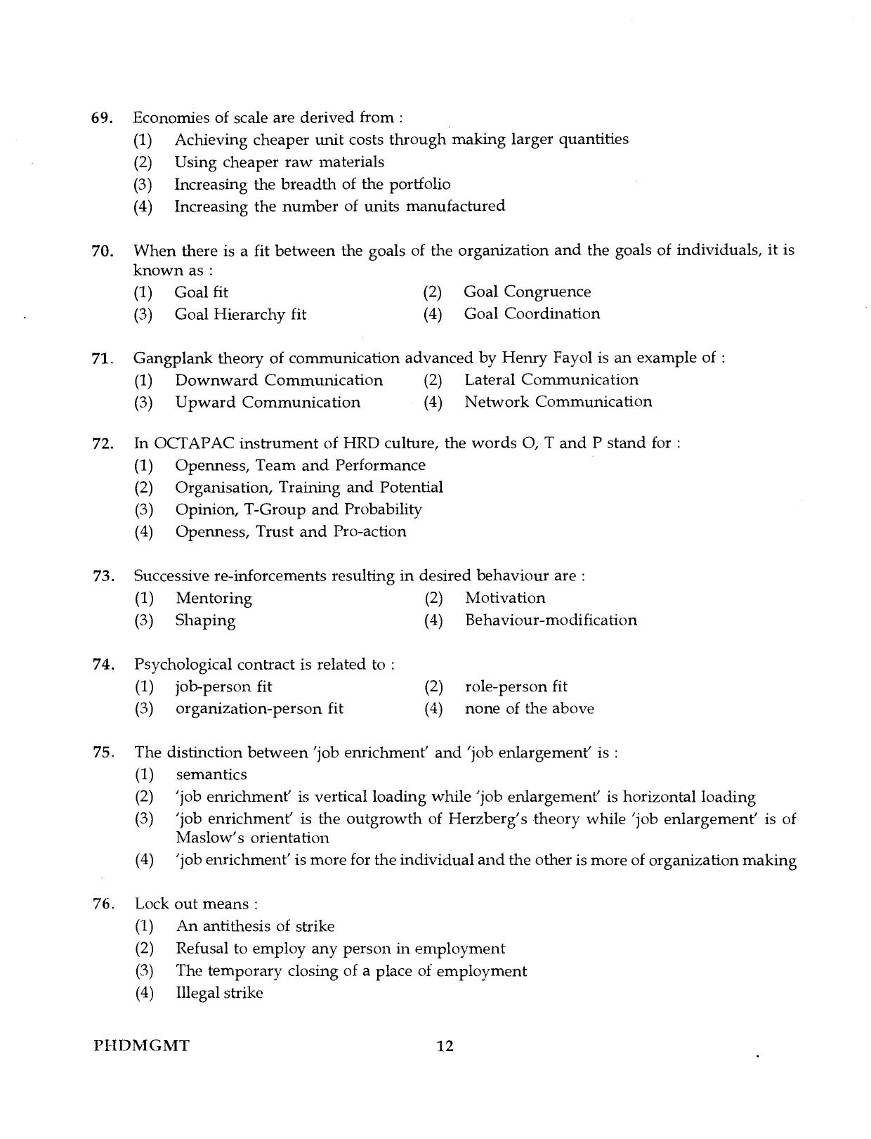 IGNOU PhD Entrance Test Ph.D Management 2016 Question Paper - Page 12