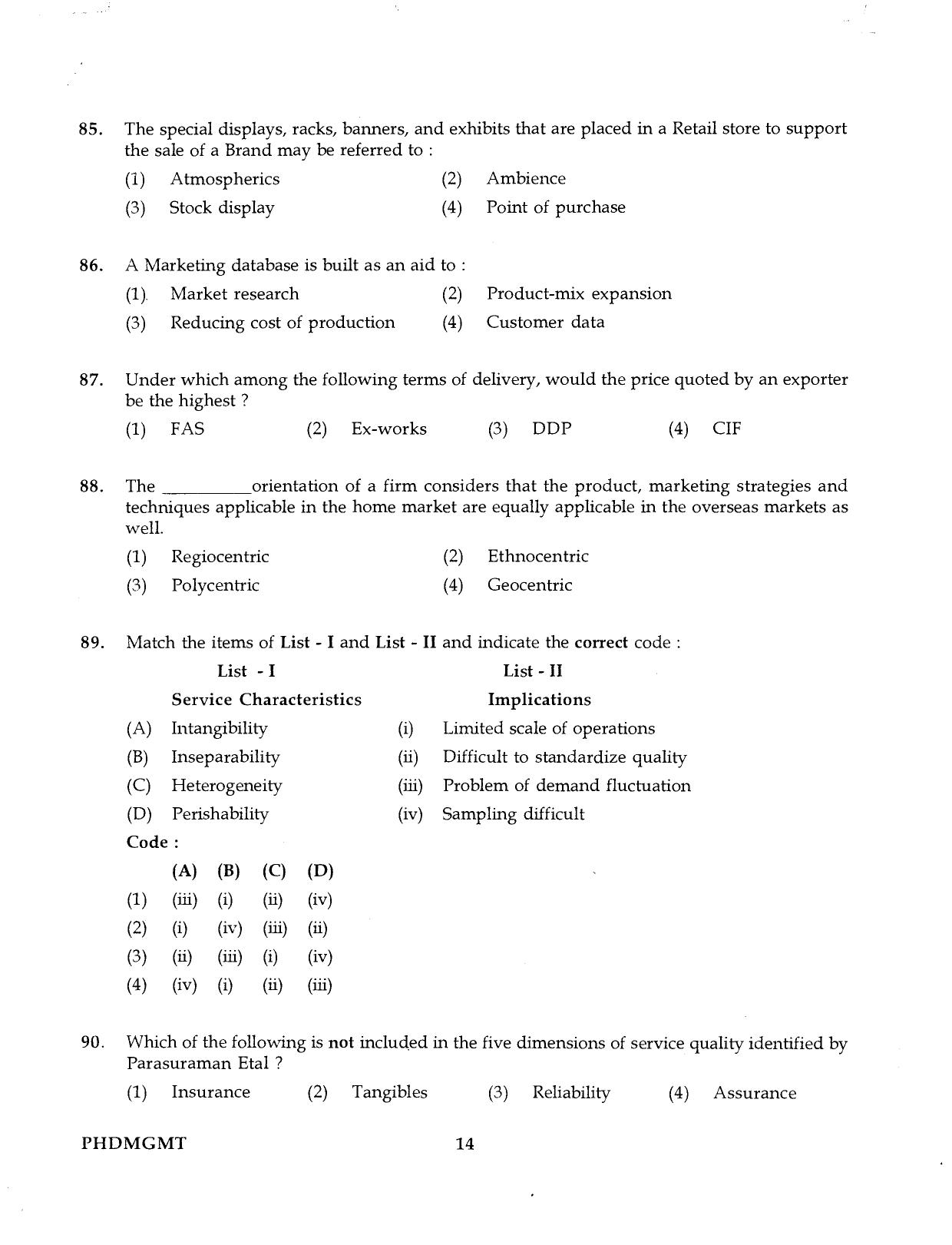 IGNOU PhD Entrance Test Ph.D Management 2016 Question Paper - Page 14