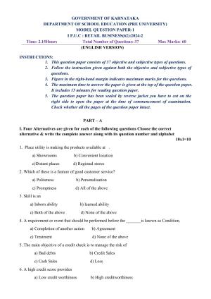 Karnataka 1st PUC Retail Model Question Paper 2025