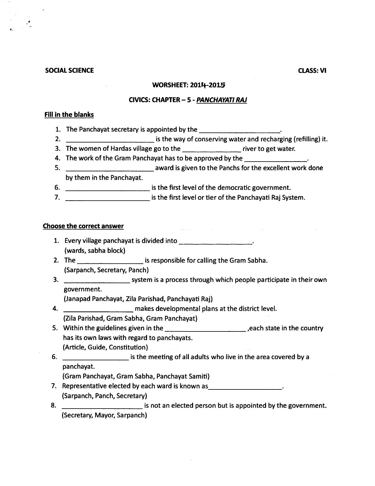 CBSE Worksheets for Class 6 Social Science Panchayati Raj Assignment - Page 1