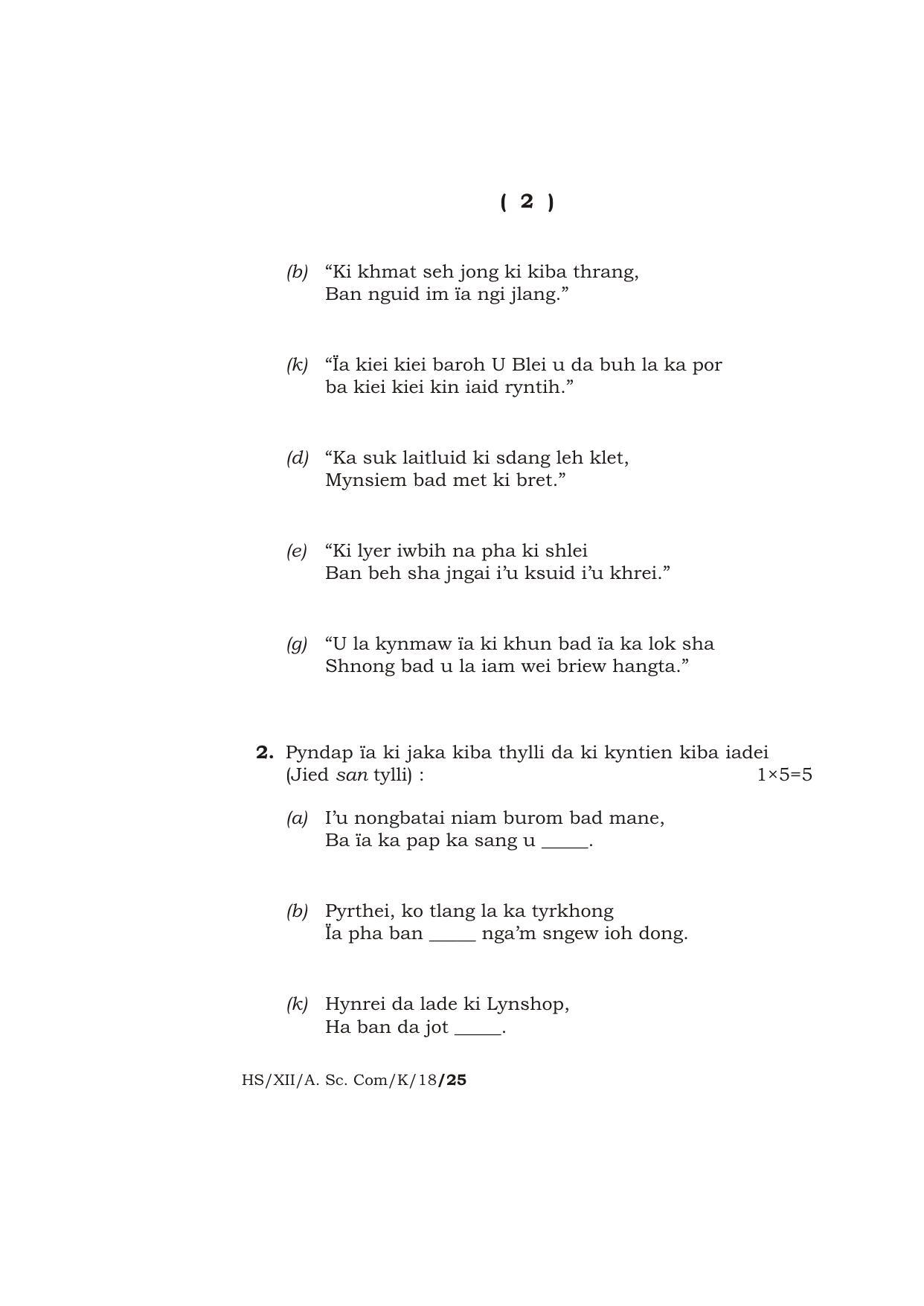 Meghalaya Board (MBOSE) Class 12 KHASI 2018 Question Paper - Page 2