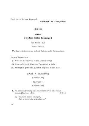 Meghalaya Board (MBOSE) Class 12 KHASI 2018 Question Paper
