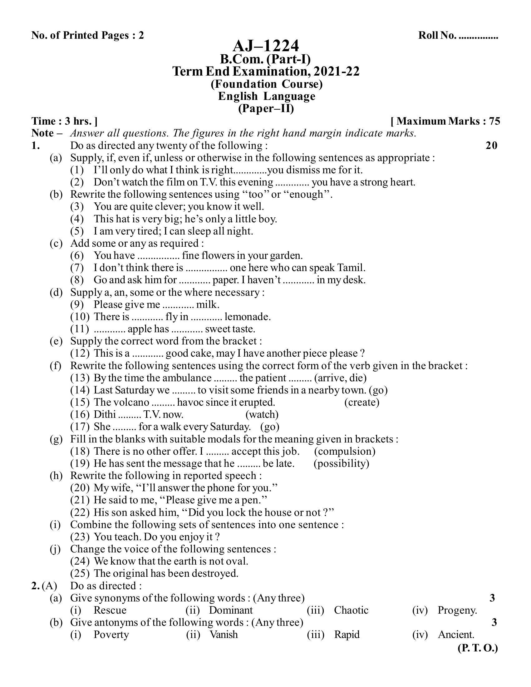 Bilaspur University Question Paper 2021-2022: B.COM Part-I (One) (10+2+3) FC:English Language Paper 1 - Page 1