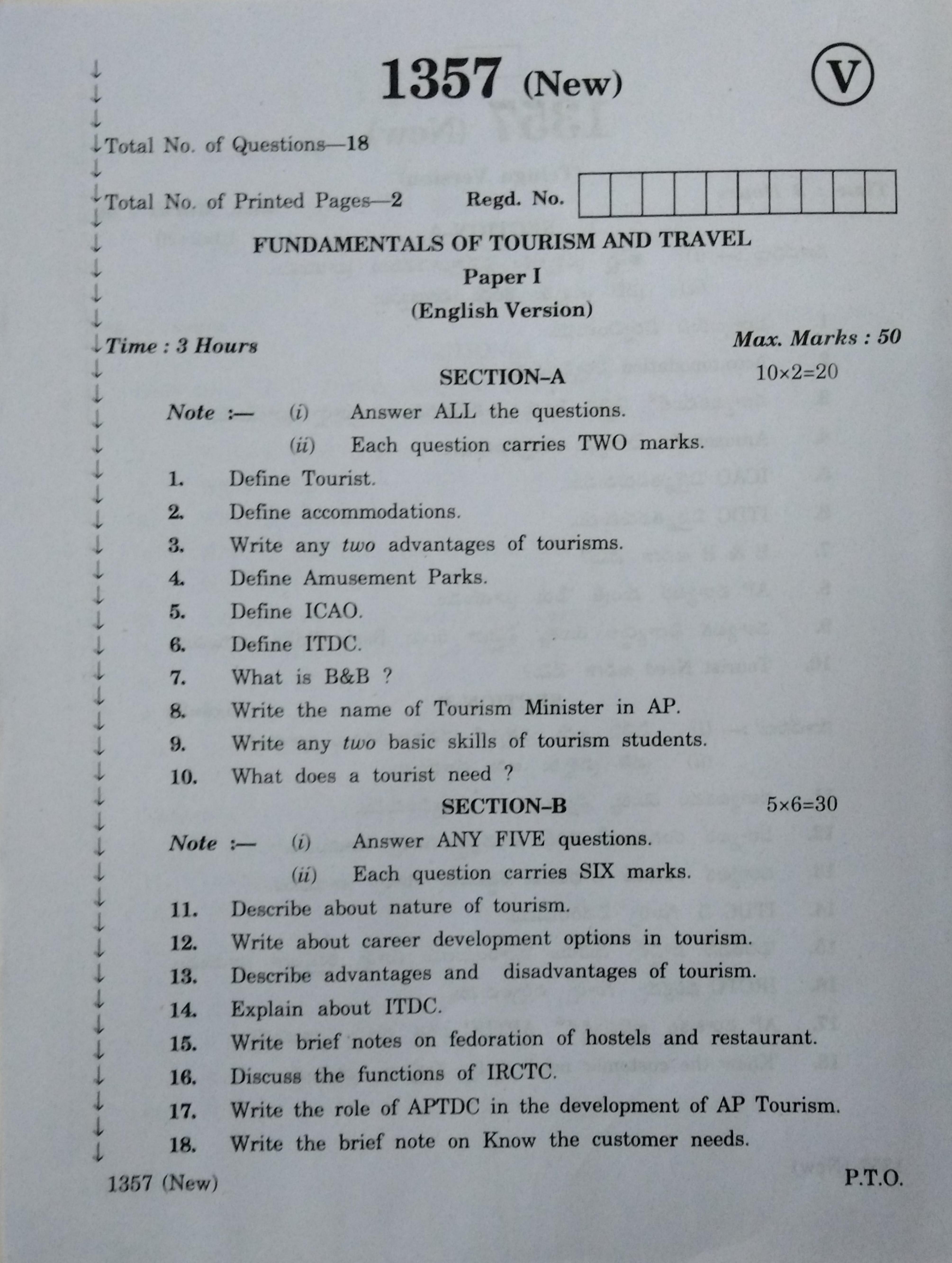 AP Inter 2nd Year Vocational Question Paper March - 2020 -  Fundamentals of Tourism Travel - I - Page 1