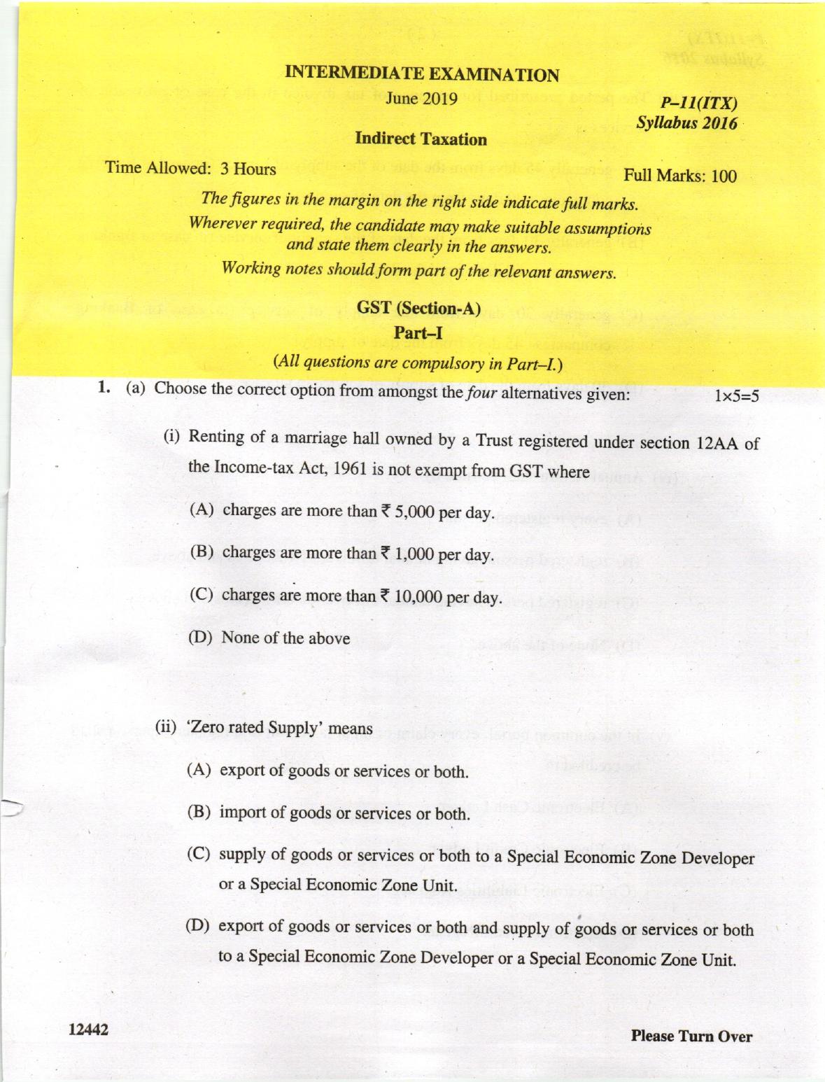 ICMAI June 2019 Indirect Taxation Question Paper - Page 1