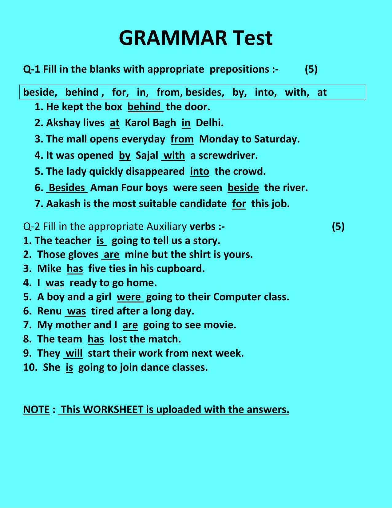 CBSE Worksheets for Class 6 English Grammer Test Assignment - Page 1