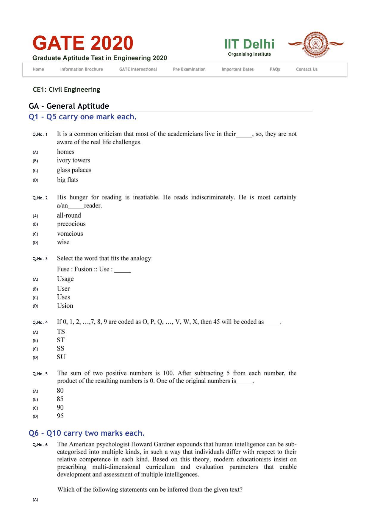 GATE 2020 Civil Engineering (CE) Question Paper - Page 2