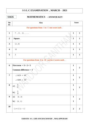 Kerala SSLC 2021 Maths Answer Key