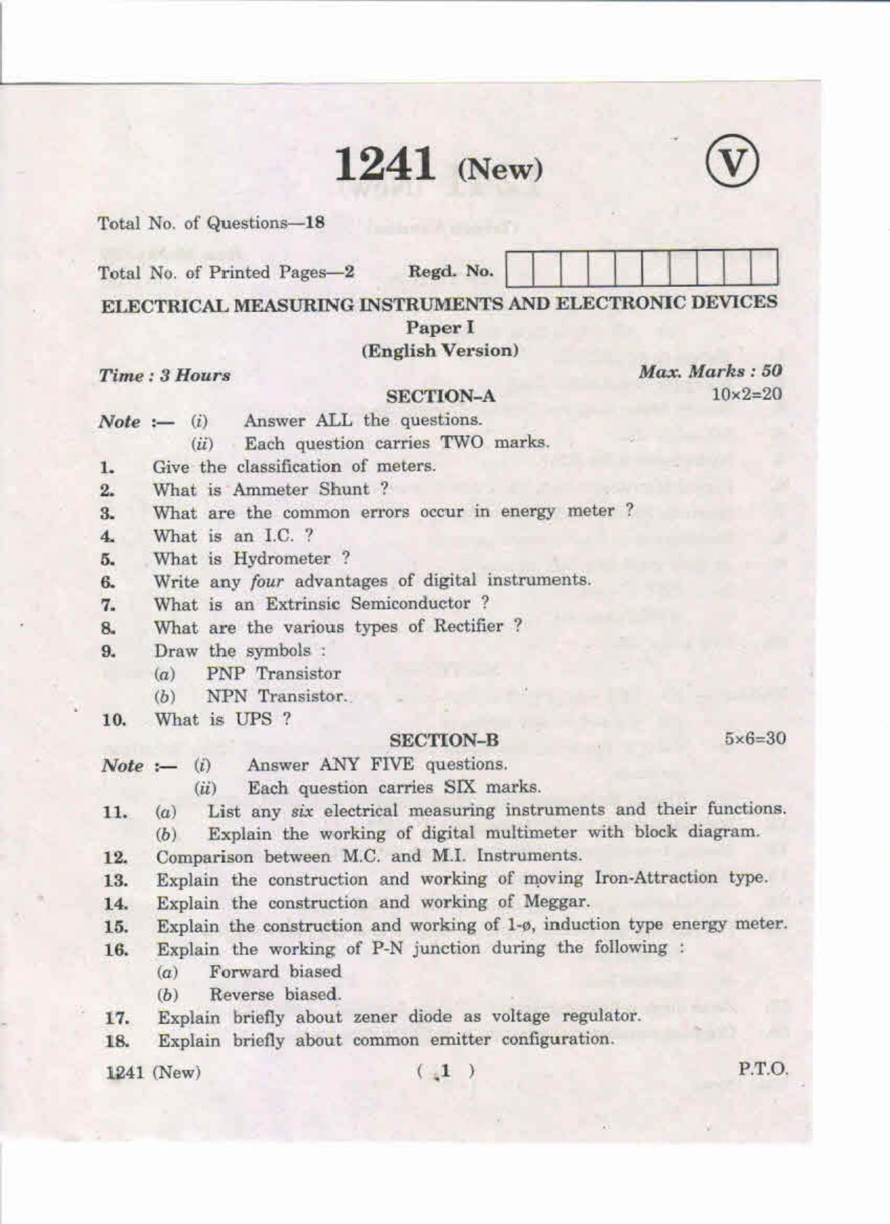 AP Inter. 2nd Year Vocational Question Paper May – 2019 - Electrical Measuring Instruments and Electronics Devices-I(New) - Page 1