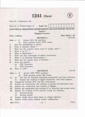 AP Inter. 2nd Year Vocational Question Paper May – 2019 - Electrical Measuring Instruments and Electronics Devices-I(New)