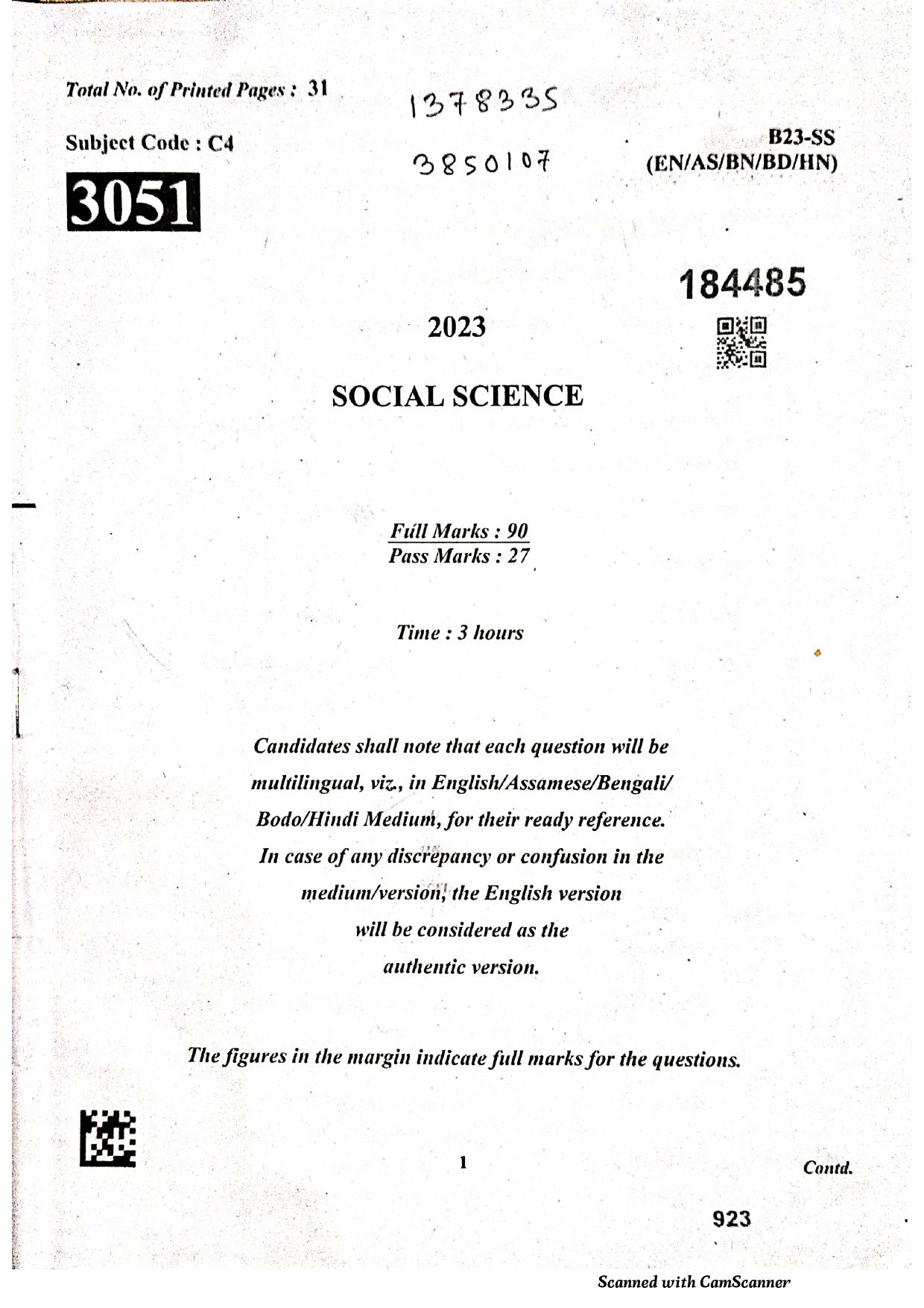 SEBA HSLC Social Science Question Paper 2023 - Page 1