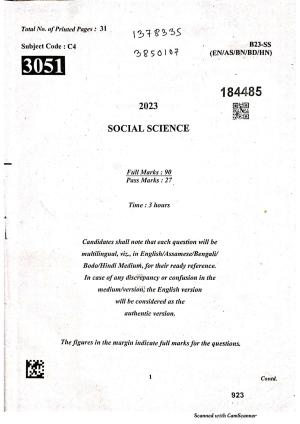 SEBA HSLC Social Science Question Paper 2023