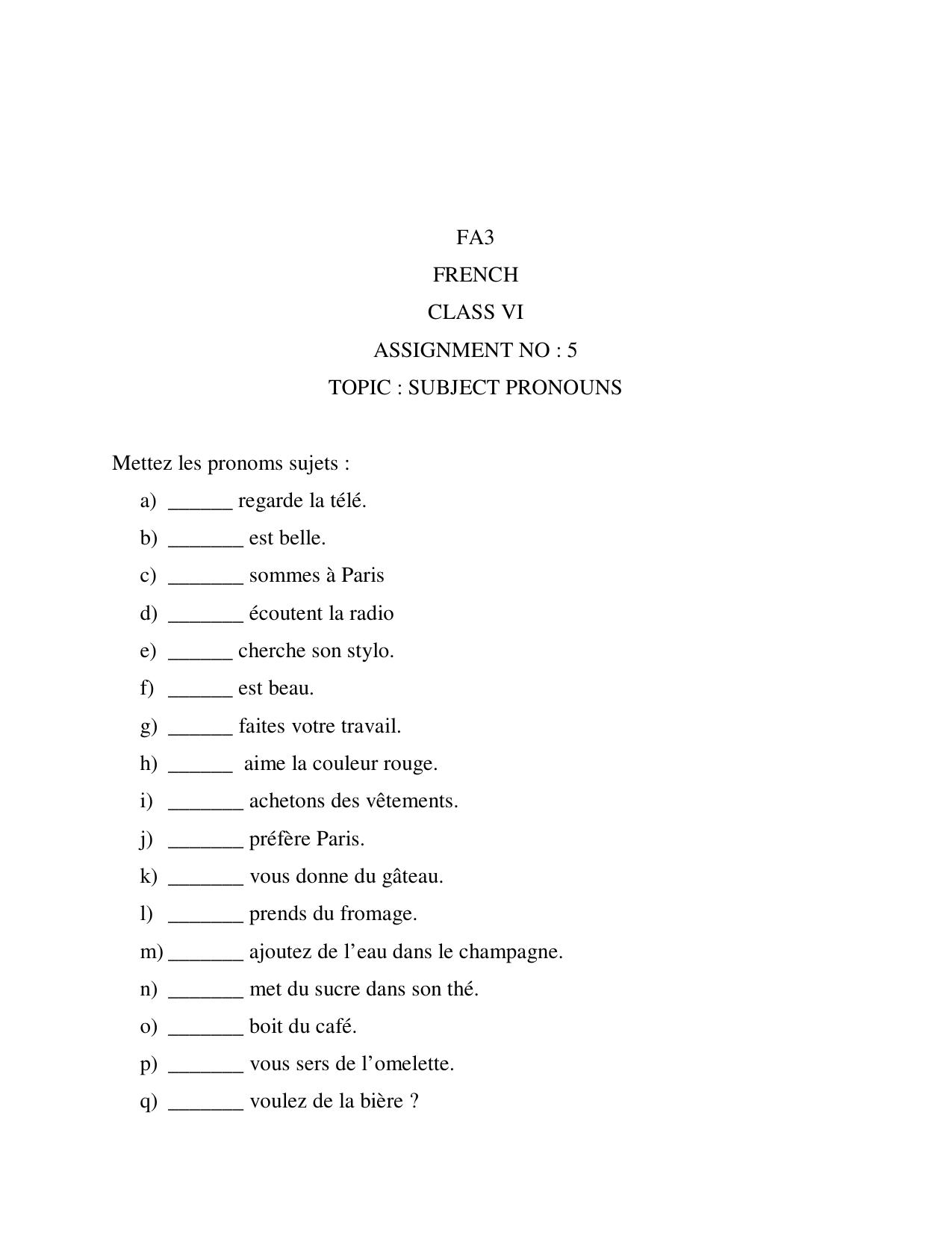 CBSE Worksheets for Class 6 French Practice Assignment 3 - Page 1