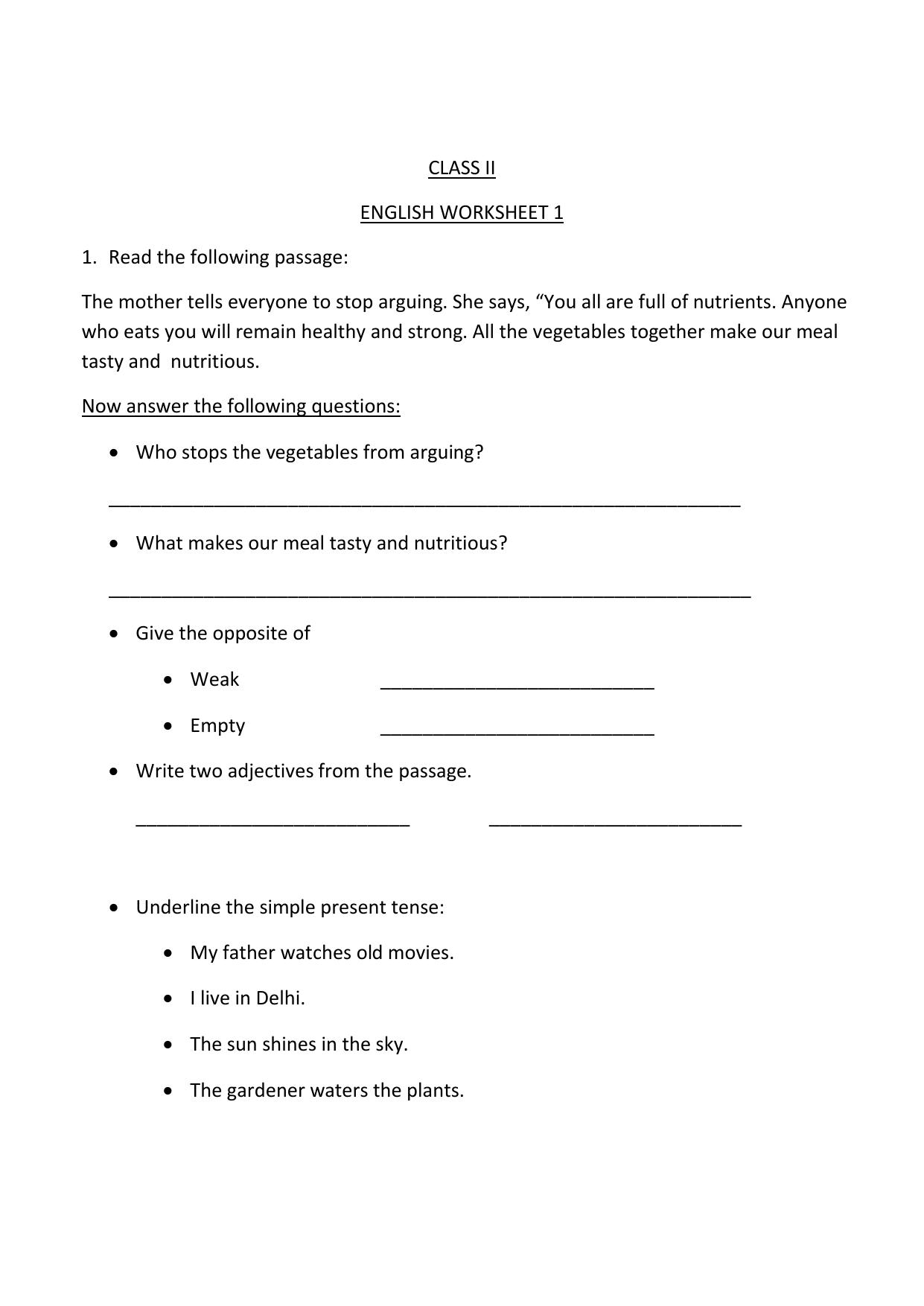 Worksheet for Class 2 English Assignment 2 - Page 1