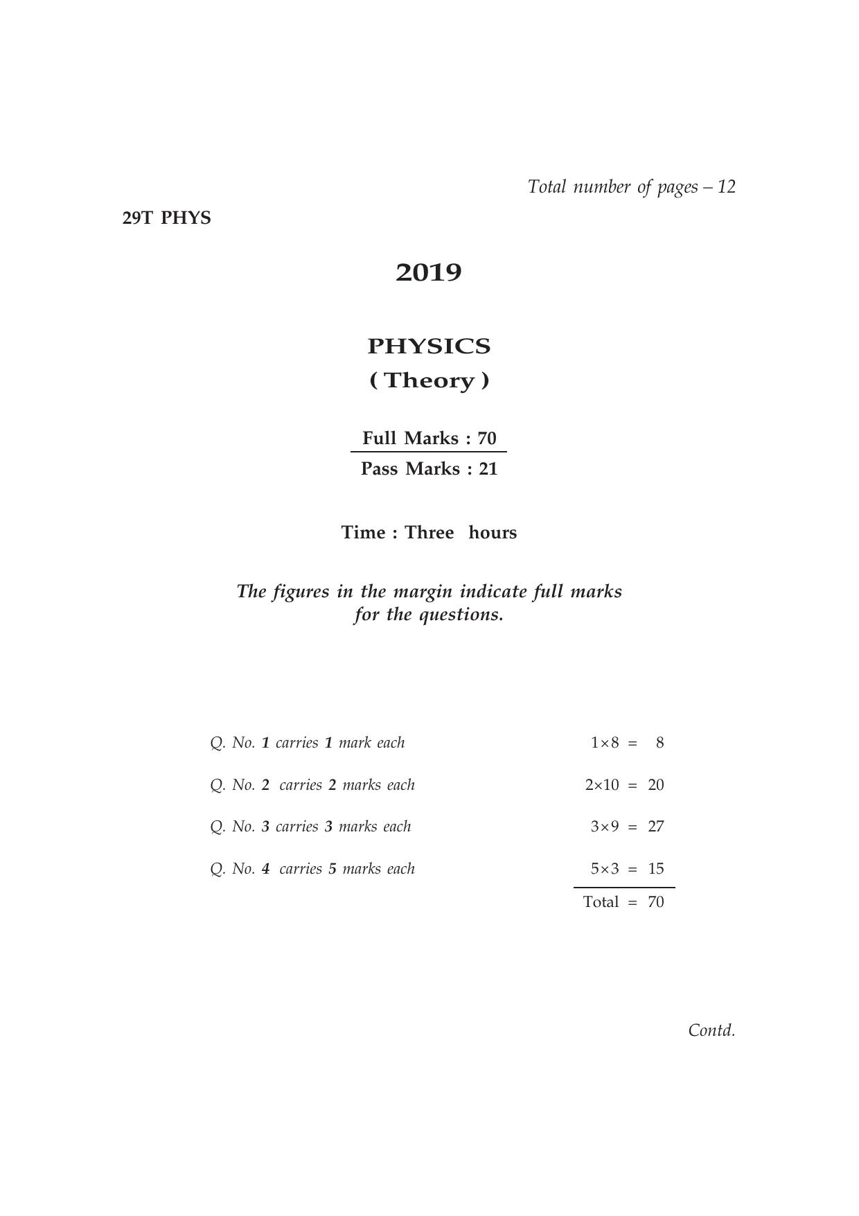 Assam HS 2nd Year Physics 2019 Question Paper - Page 1