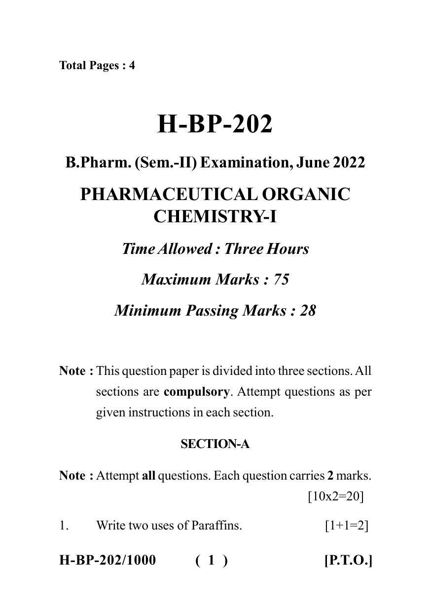 Sarguja University Question Paper July-2022 : Bachelor Of Pharmacy(Sem.-II) Pharmaceutical Organic Chemistry-I Paper 1 - Page 1