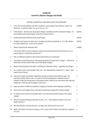 CBSE Worksheets for Class 12 Physics Electric Charges and Fields
