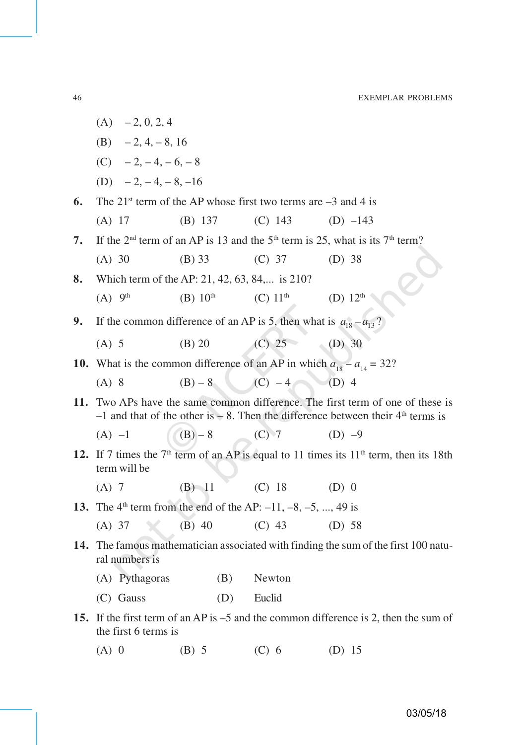 NCERT Exemplar Book for Class 10 Maths: Chapter 5 Arithmetic Progressions - Page 3