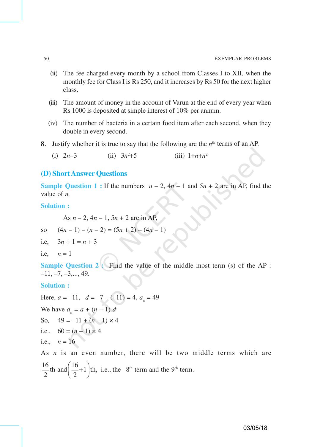 NCERT Exemplar Book for Class 10 Maths: Chapter 5 Arithmetic Progressions - Page 7