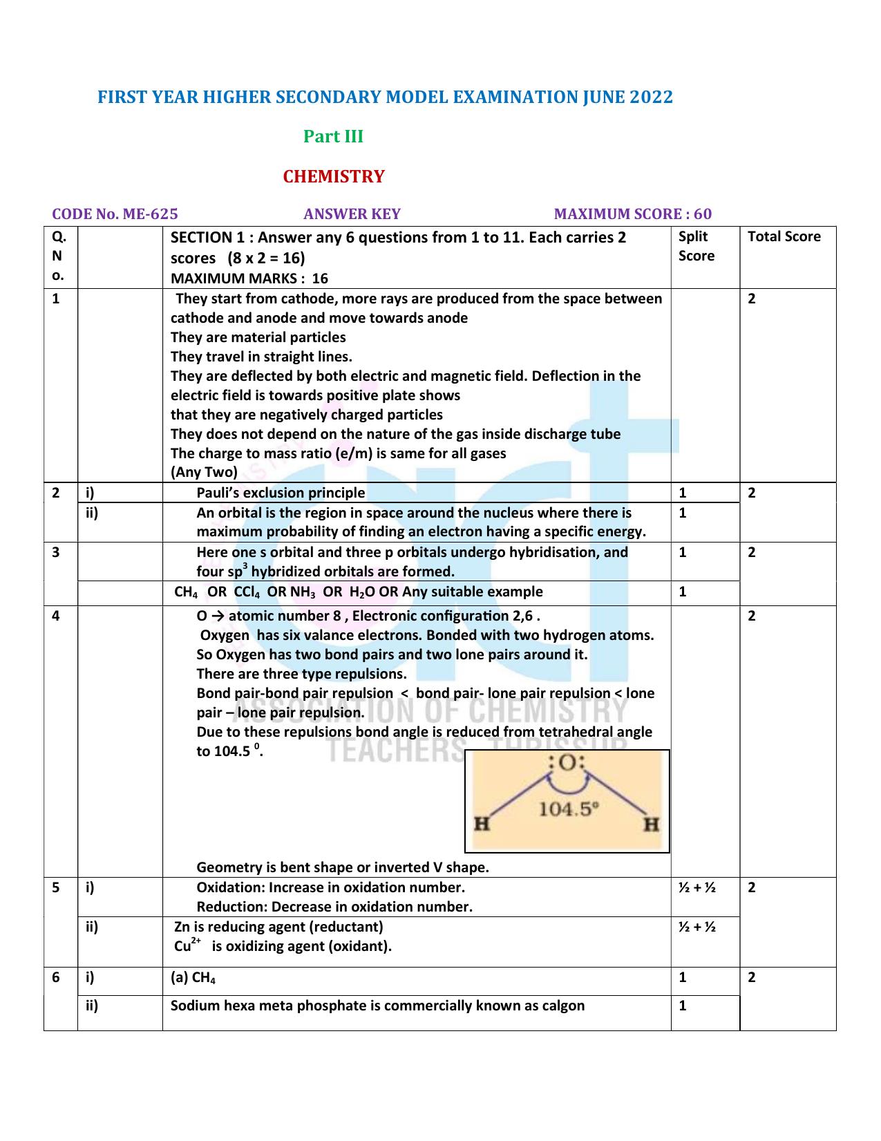 Kerala Plus One 2022 Chemistry Answer Key (Model) - Page 1