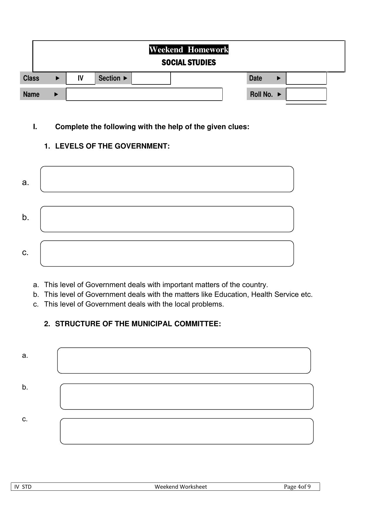Worksheet for Class 4 Social Science Government Assignment - Page 1