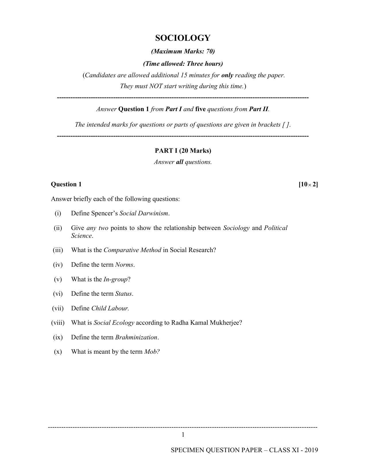 ISC Class 11 Specimen Sociology Sample Papers 2023 - Page 1