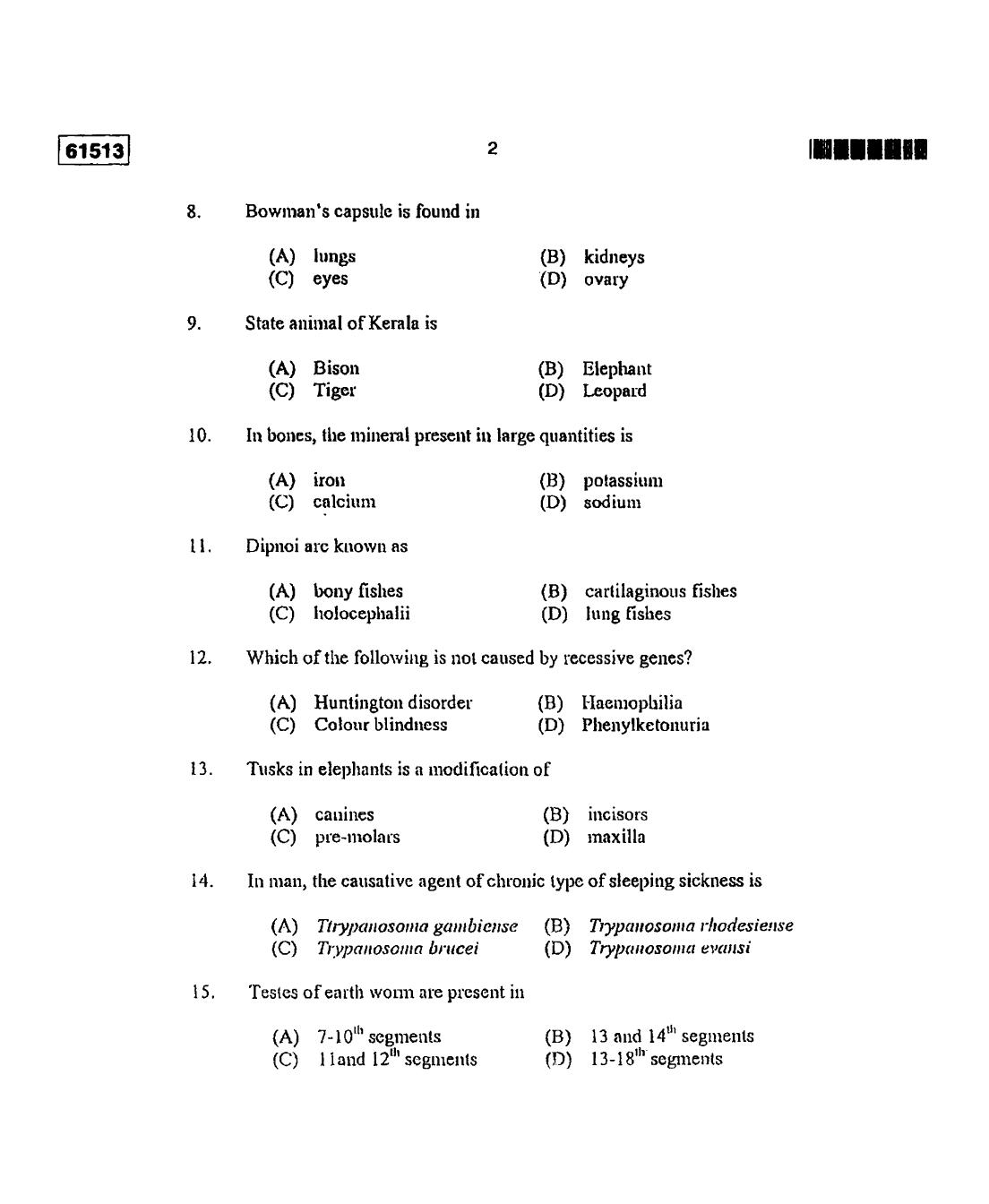 CUSAT CAT 2013 Zoology Question Paper - Page 3