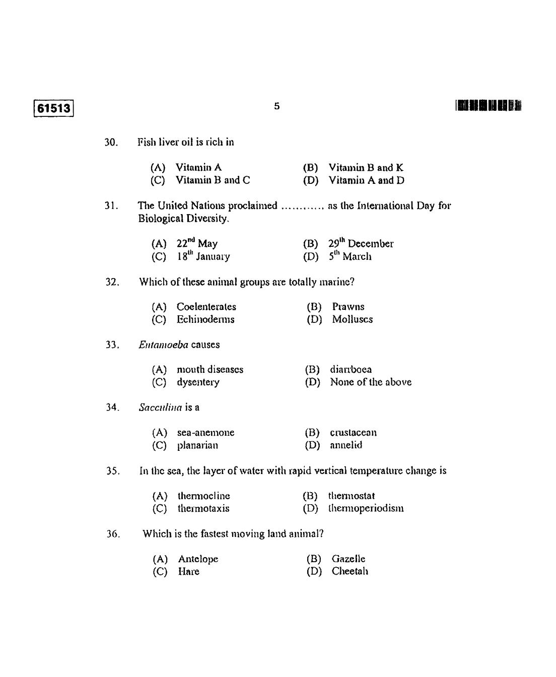 CUSAT CAT 2013 Zoology Question Paper - Page 6