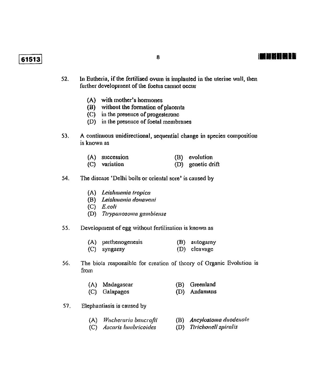 CUSAT CAT 2013 Zoology Question Paper - Page 9