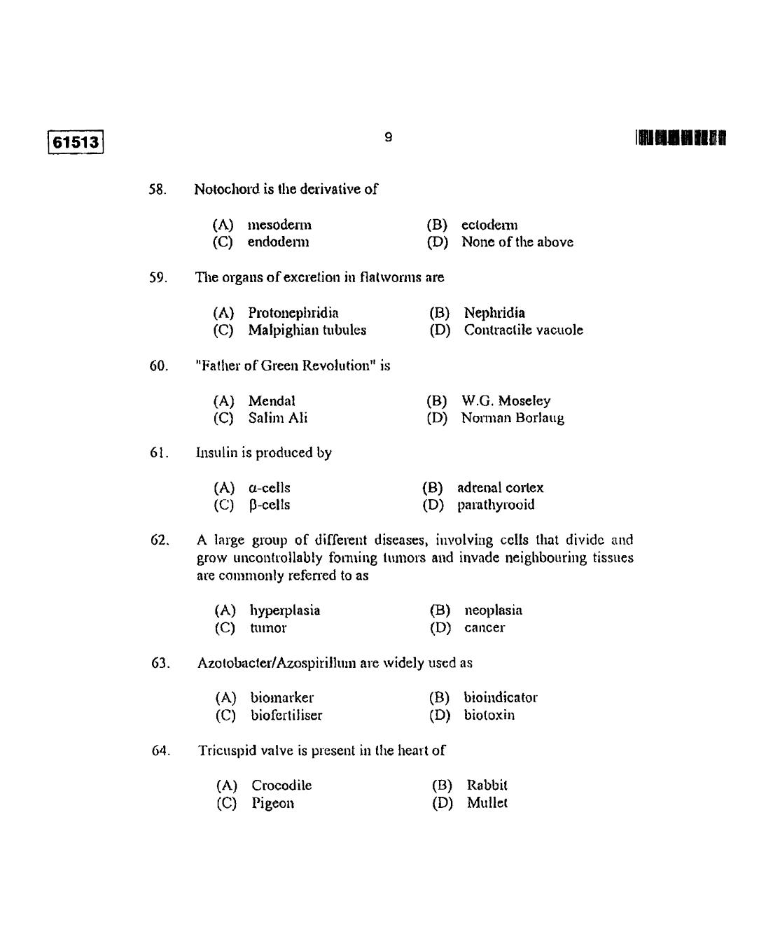 CUSAT CAT 2013 Zoology Question Paper - Page 10