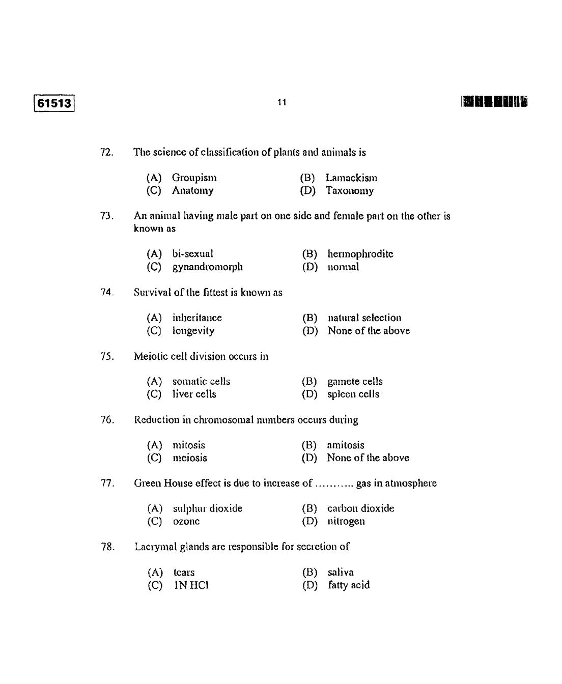 CUSAT CAT 2013 Zoology Question Paper - Page 12