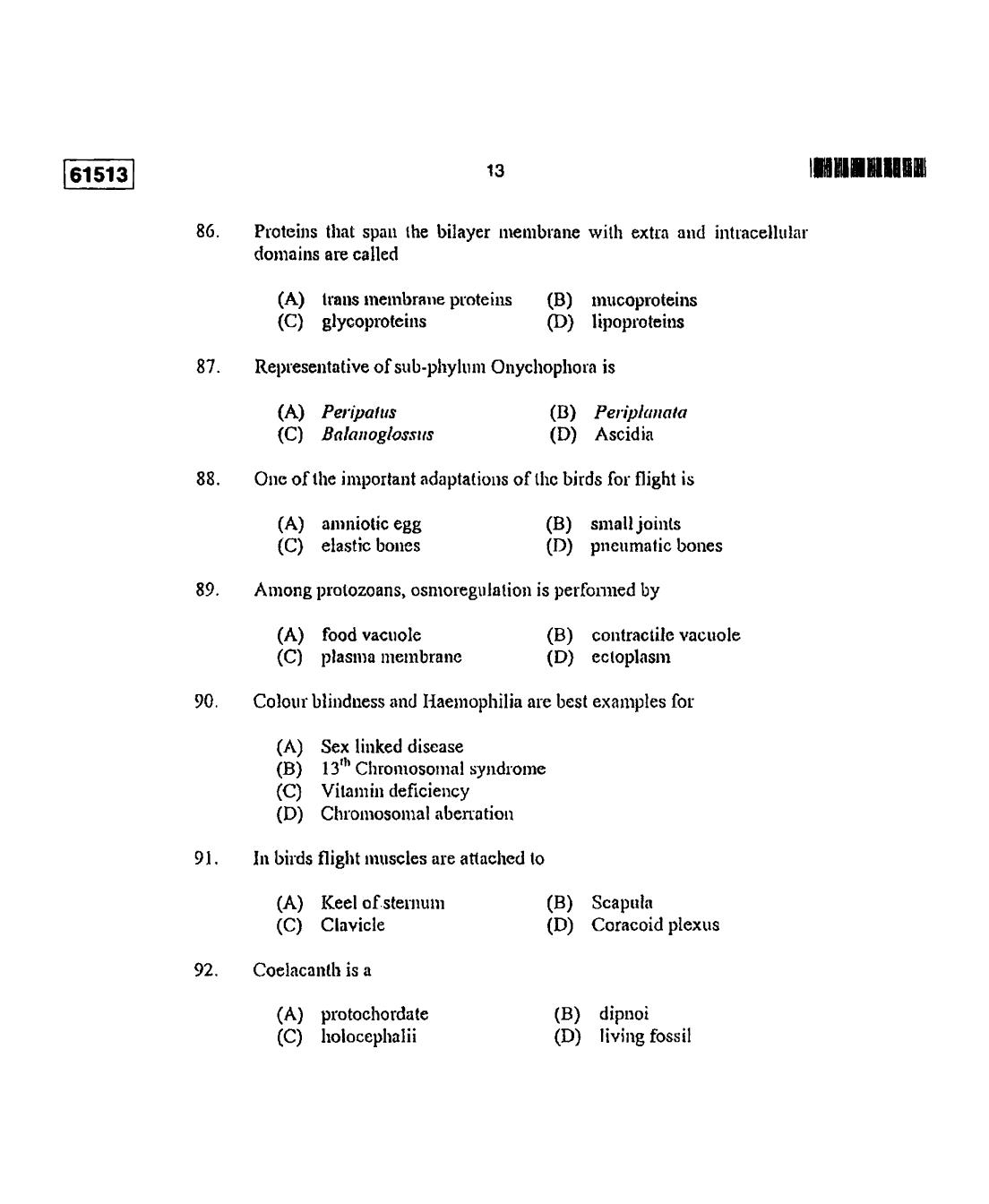 CUSAT CAT 2013 Zoology Question Paper - Page 14