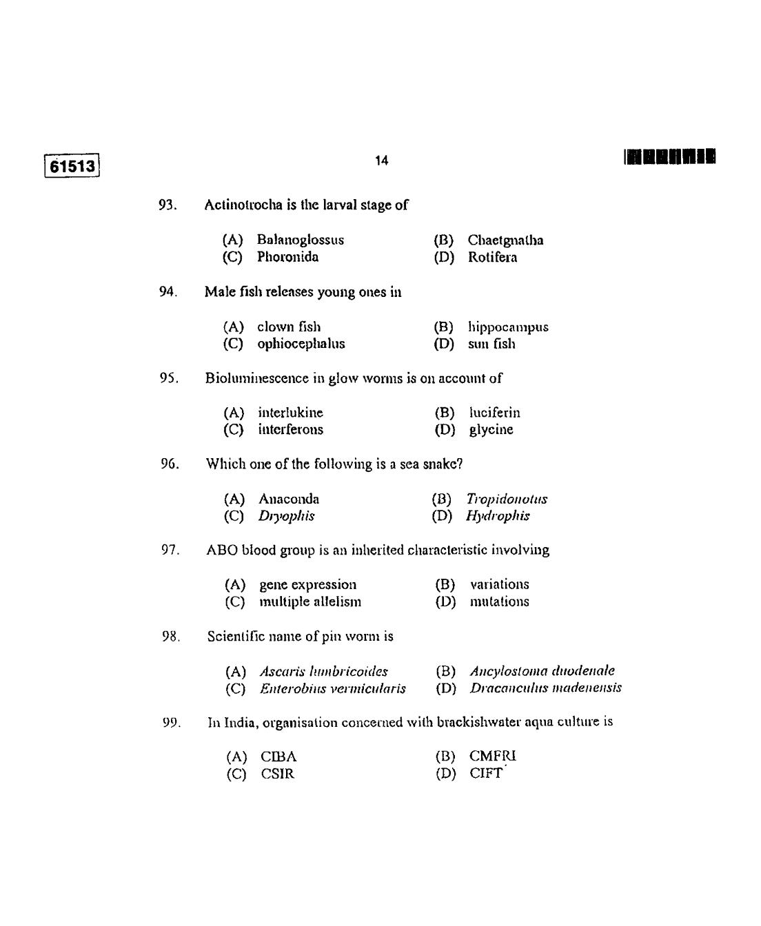 CUSAT CAT 2013 Zoology Question Paper - Page 15