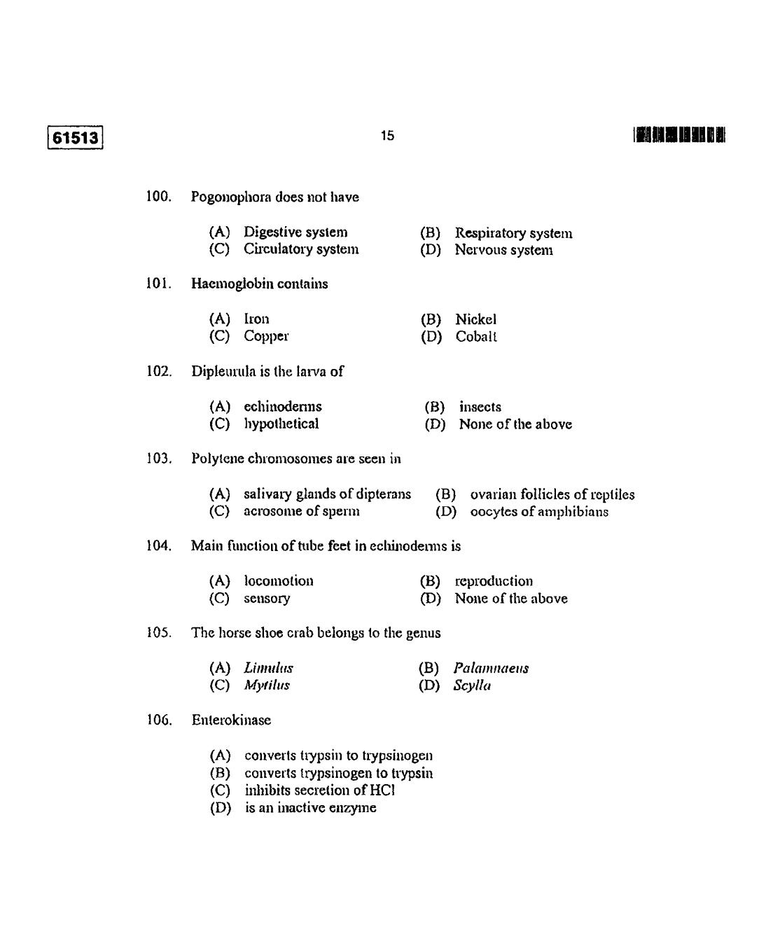 CUSAT CAT 2013 Zoology Question Paper - Page 16