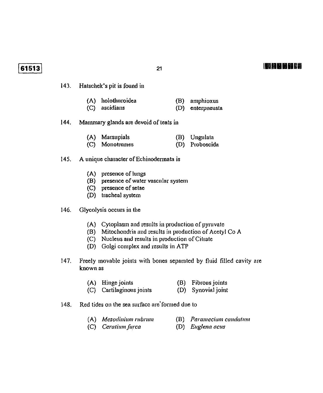 CUSAT CAT 2013 Zoology Question Paper - Page 22