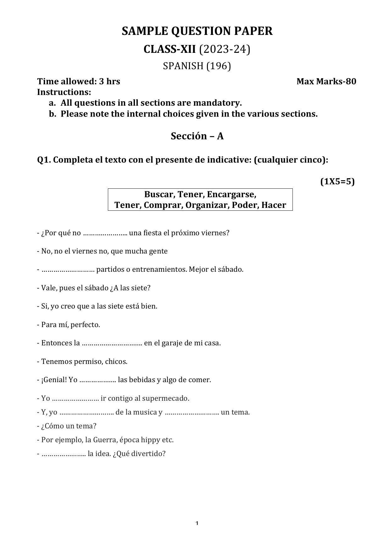 CBSE Class 12 Spanish Sample Paper 2024 - Page 1