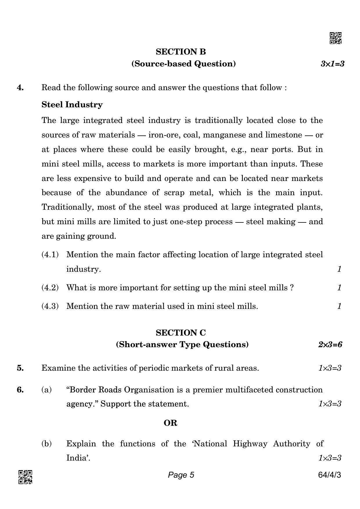 CBSE Class 12 64-4-3 Geography 2022 Question Paper - Page 5