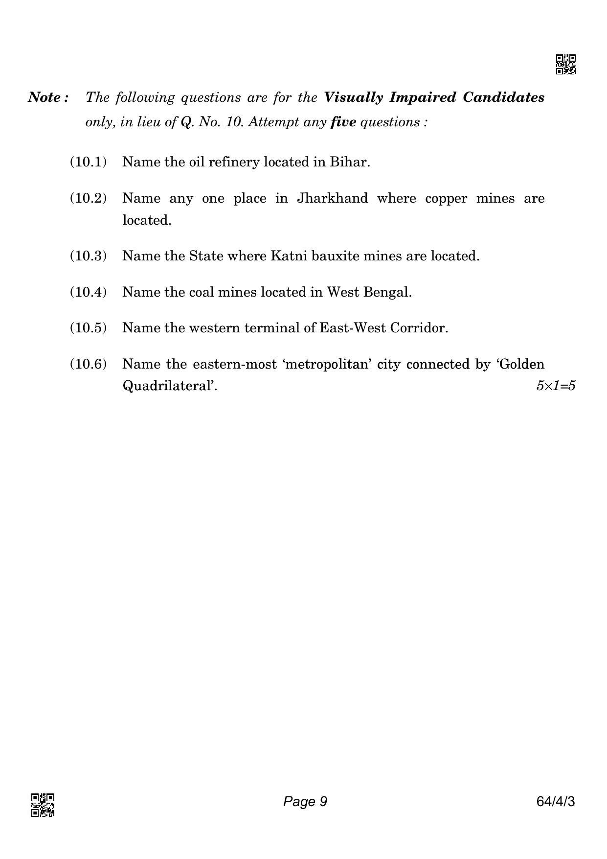 CBSE Class 12 64-4-3 Geography 2022 Question Paper - Page 9