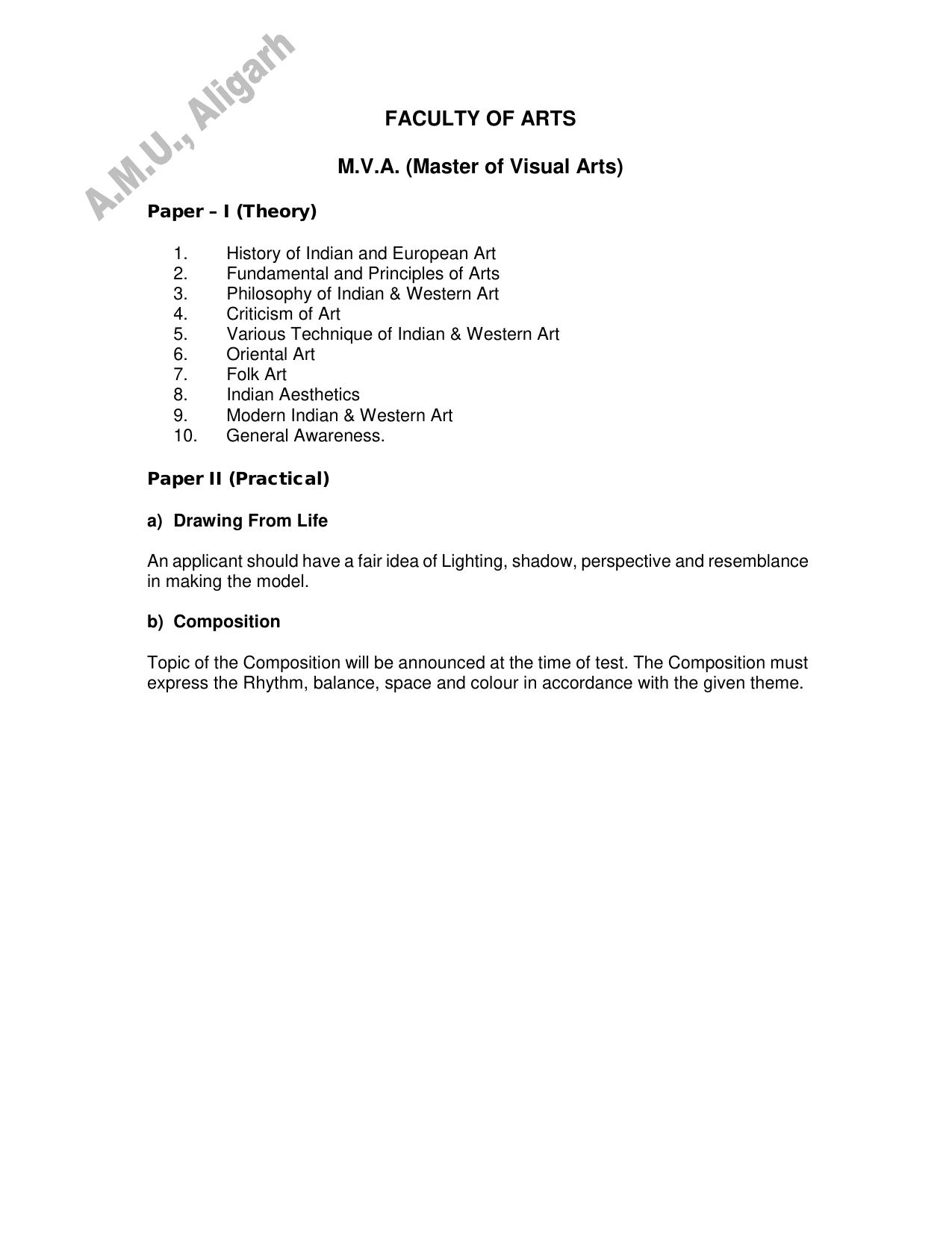AMU Entrance Exam: AMU Entrance Exam: M.V.A. (Master of Visual Arts) Syllabus - Page 1