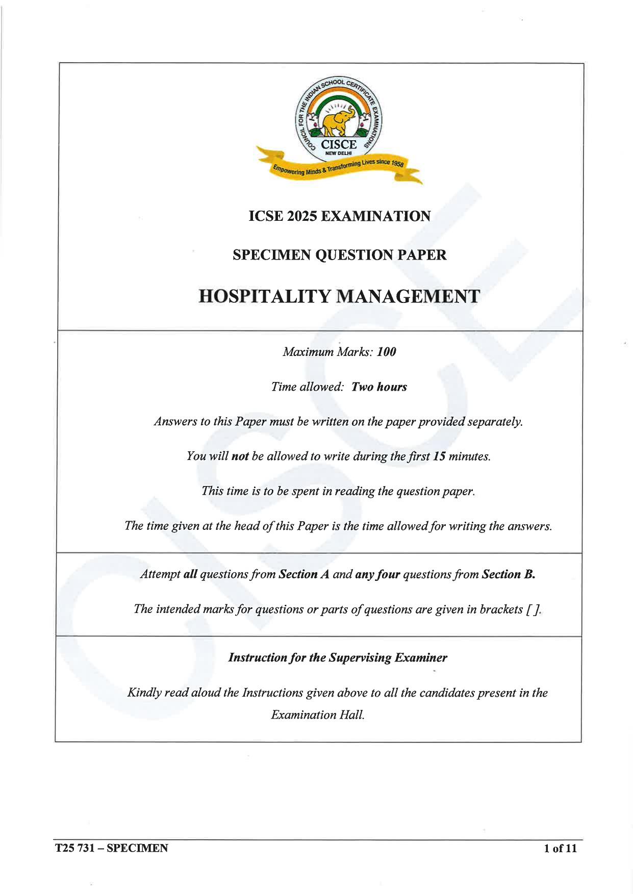 ICSE Class 10 2025 Hospitality Management (QP & MS) Specimen Paper - Page 1