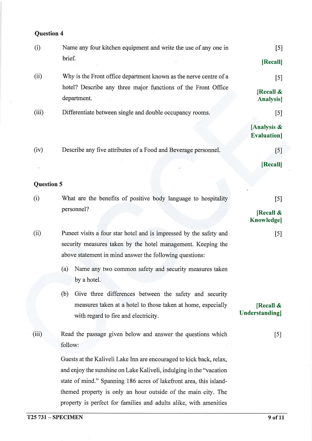 ICSE Class 10 2025 Hospitality Management (QP & MS) Specimen Paper - Page 9