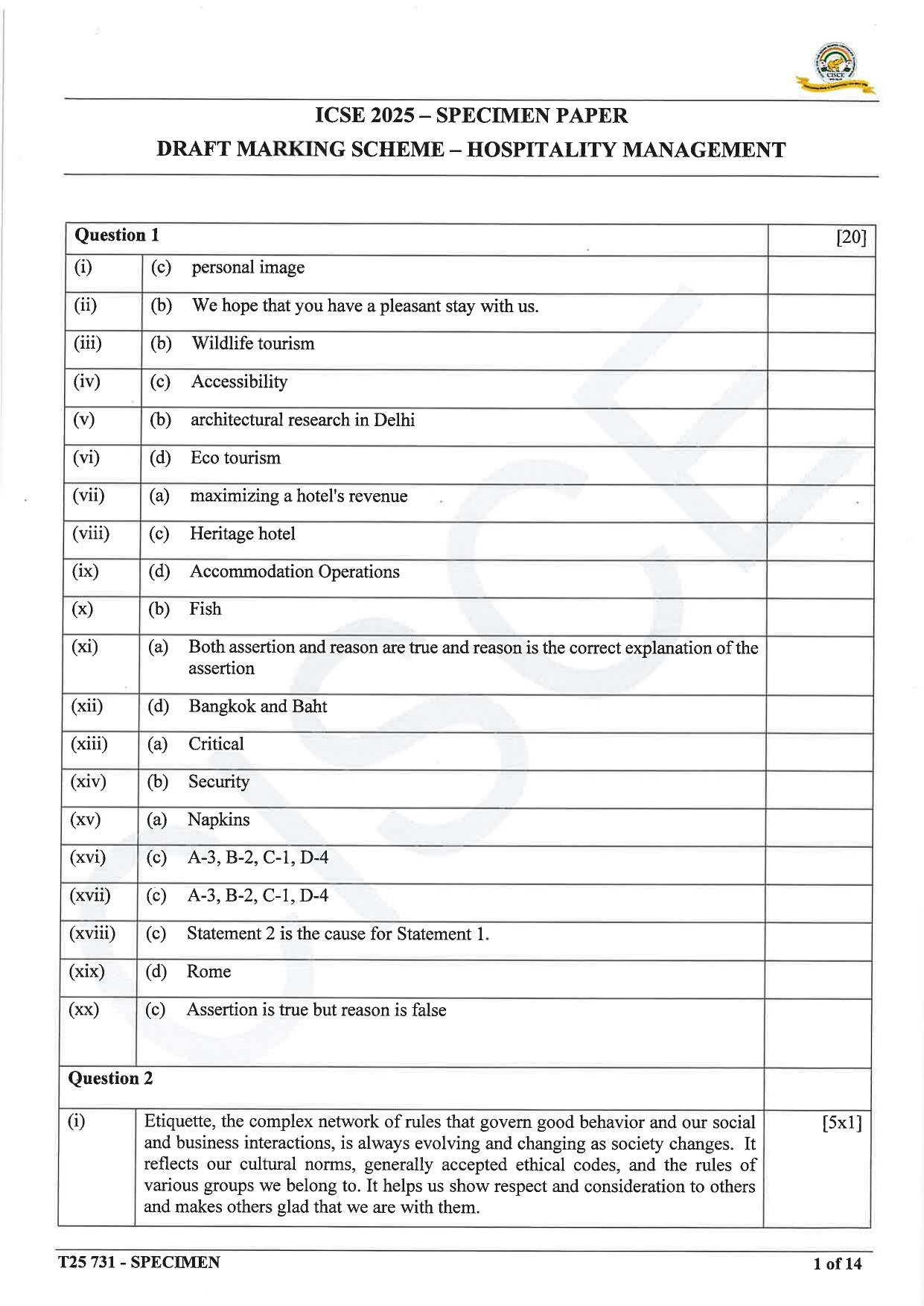 ICSE Class 10 2025 Hospitality Management (QP & MS) Specimen Paper - Page 12