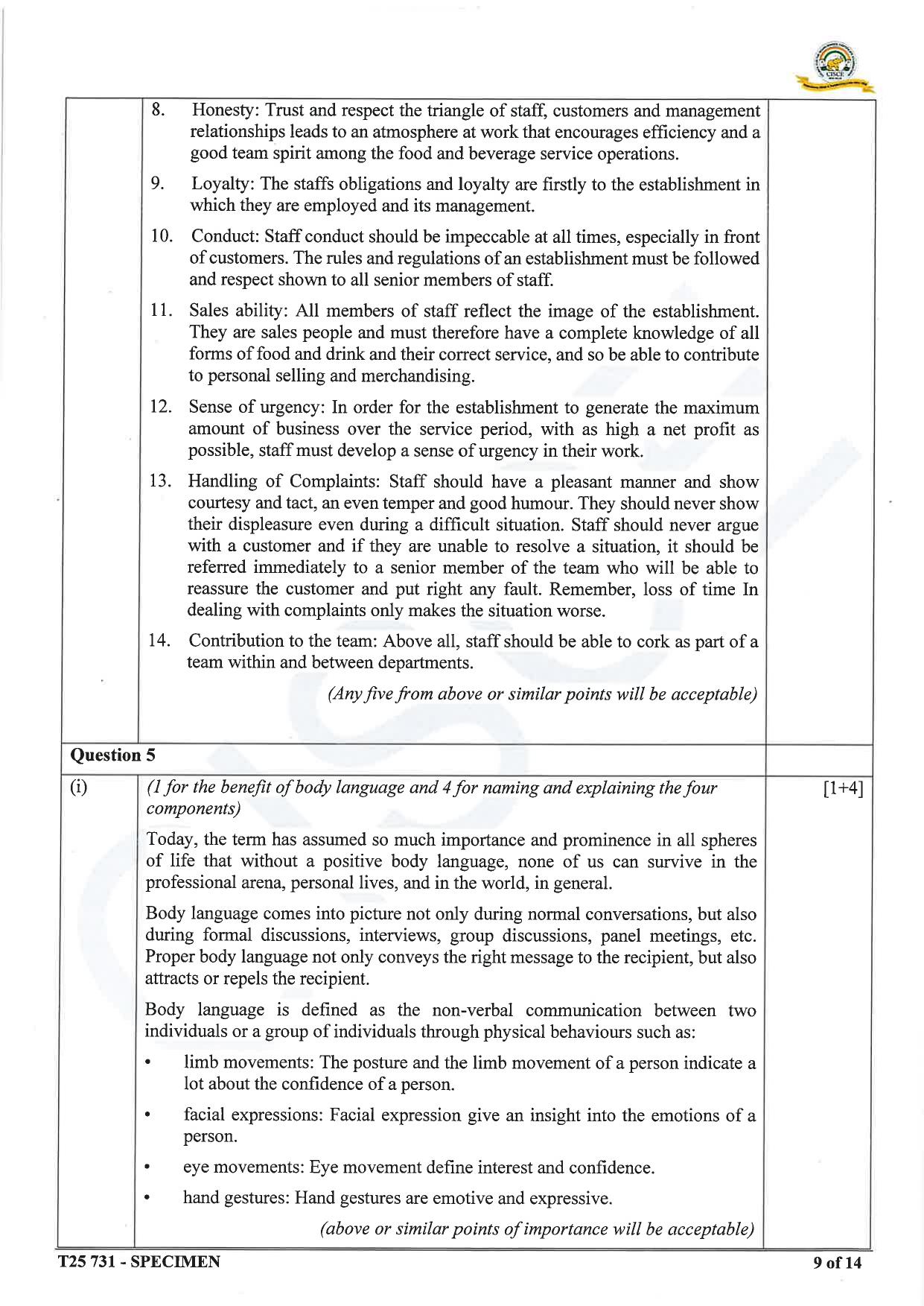 ICSE Class 10 2025 Hospitality Management (QP & MS) Specimen Paper - Page 20