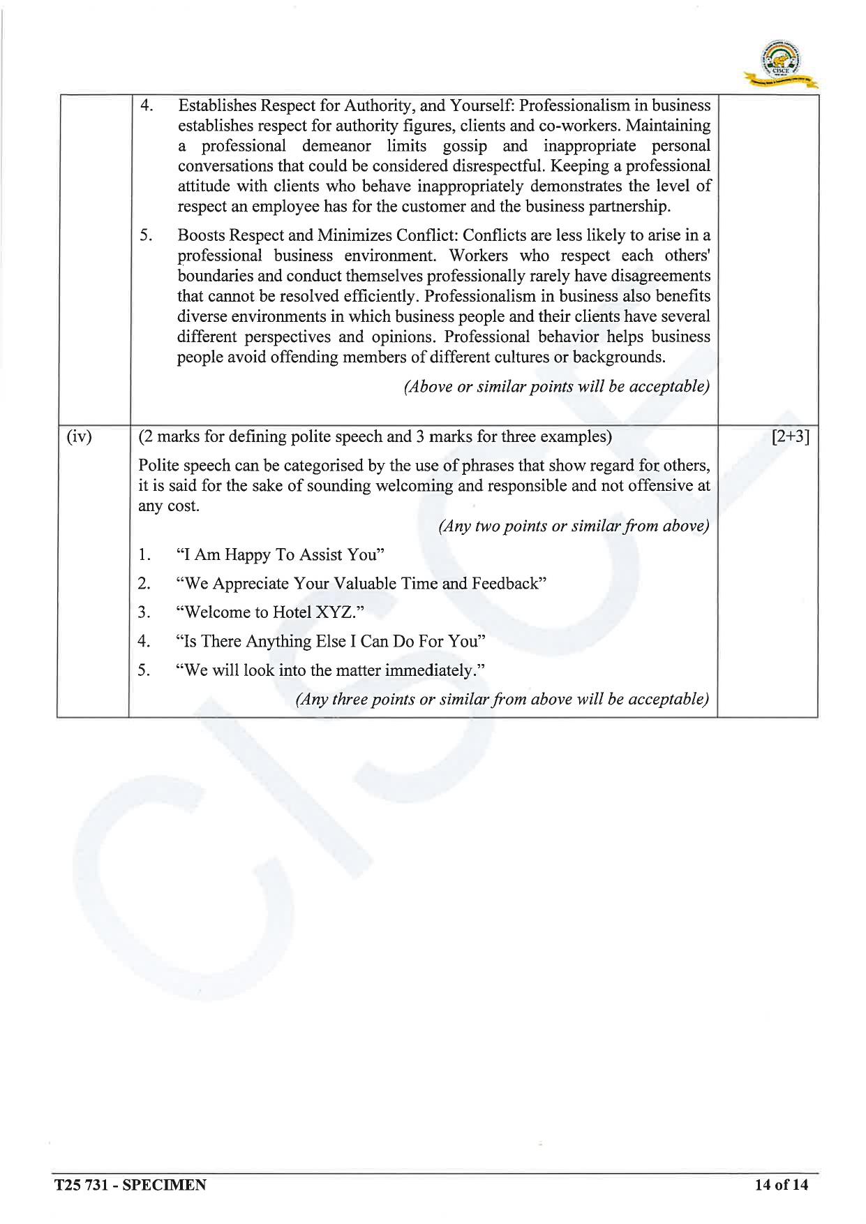 ICSE Class 10 2025 Hospitality Management (QP & MS) Specimen Paper - Page 25