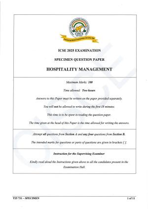 ICSE Class 10 2025 Hospitality Management (QP & MS) Specimen Paper