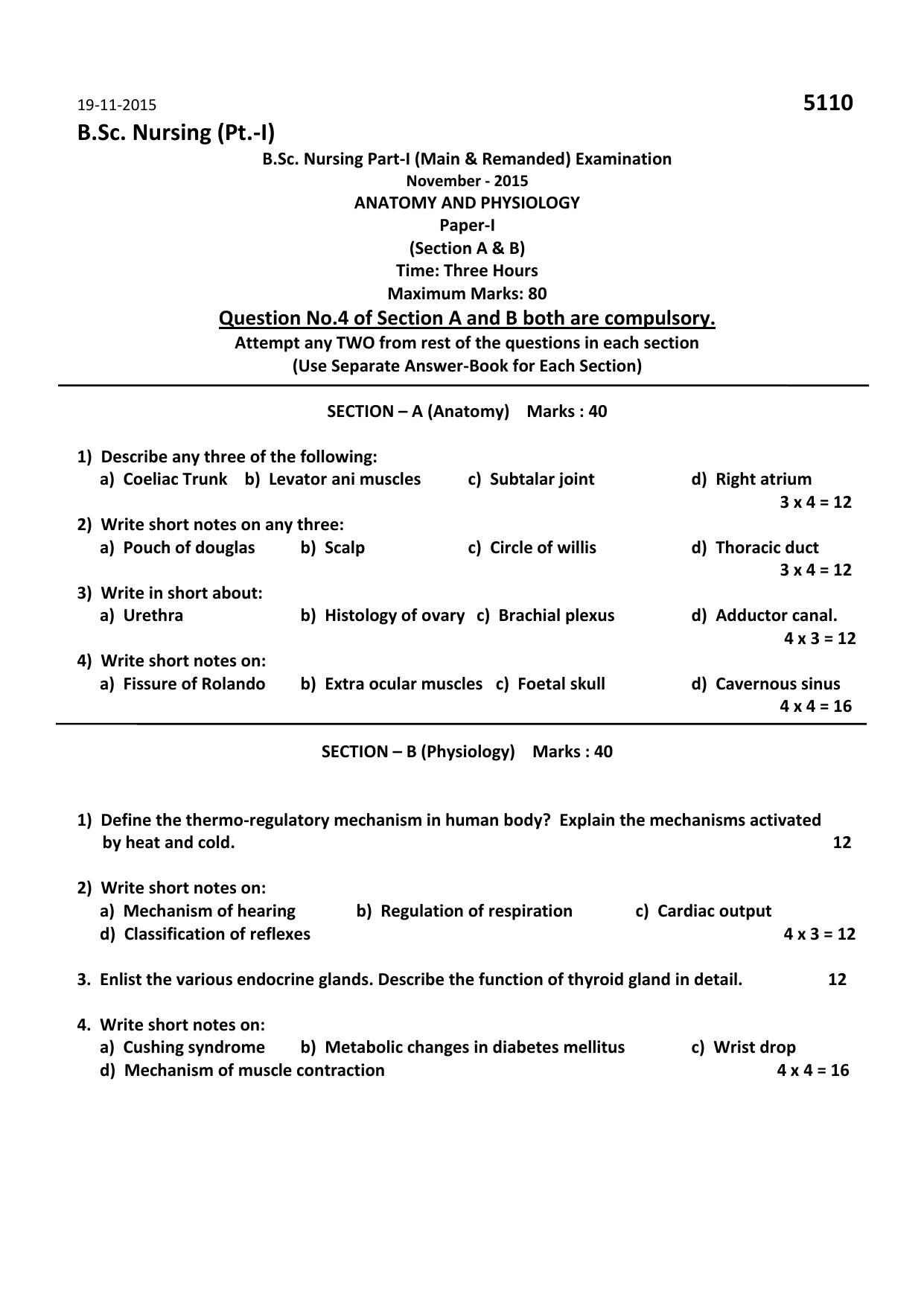 RUHS B.Sc Nursing 2015 Question Paper - Page 1