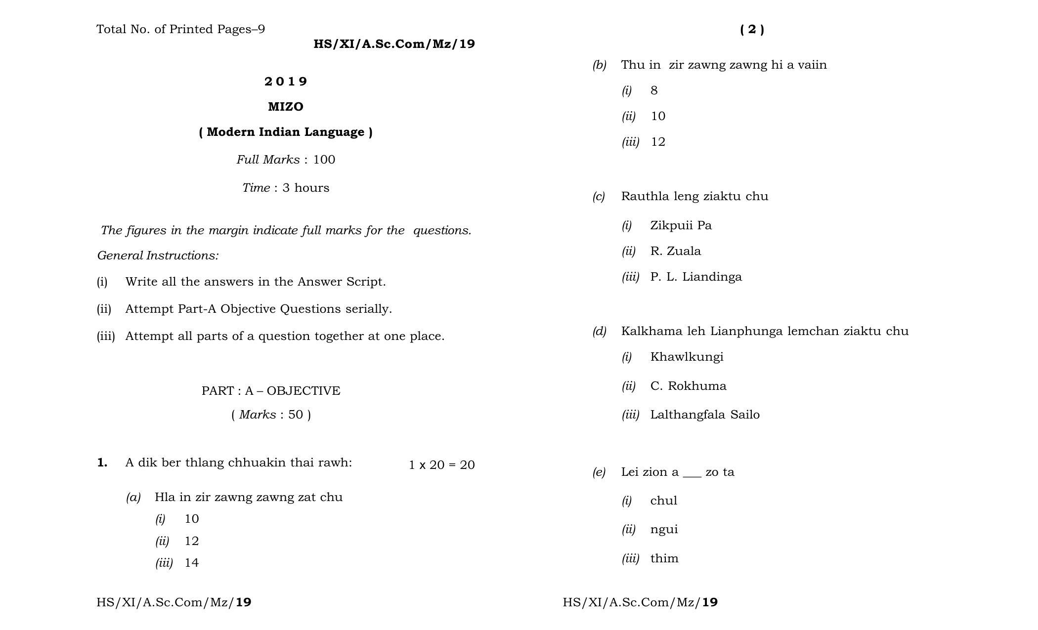 Meghalaya Board (MBOSE) Class 11 Mizo_MIL 2019 Question Paper - Page 1