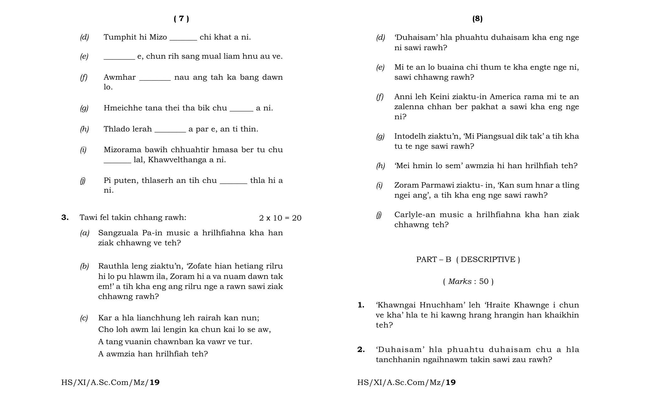 Meghalaya Board (MBOSE) Class 11 Mizo_MIL 2019 Question Paper - Page 4